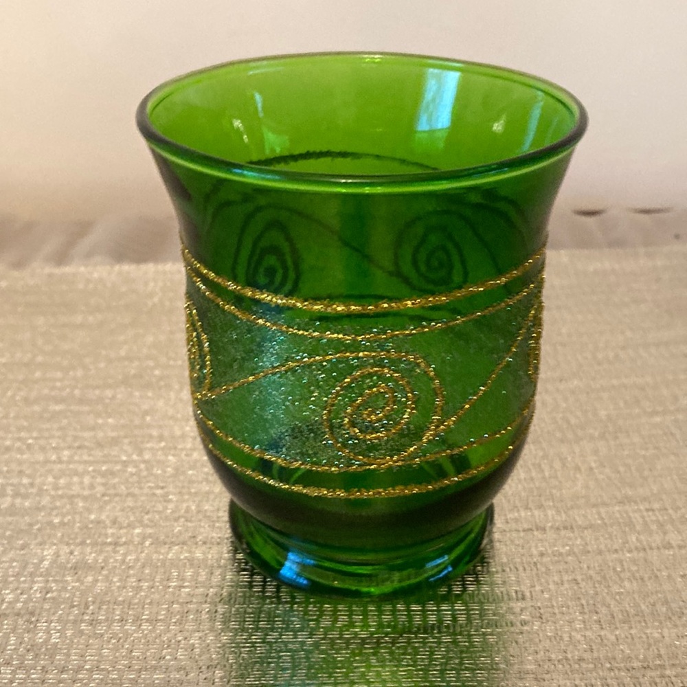 Emerald Green Glass Votive Candle Holder with Gold Glitter